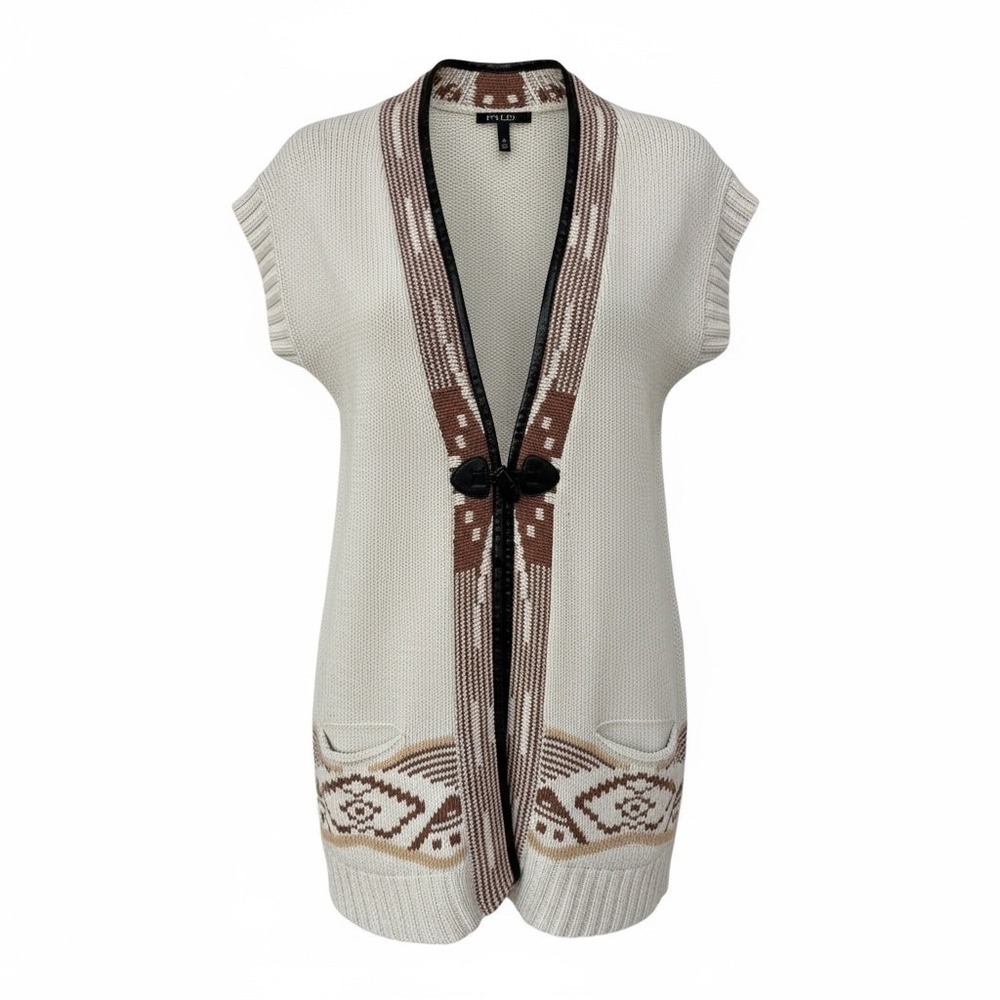 FYLO Women's Cream Geometric Sleeveless Cardigan Vest Faux Leather Trim Small